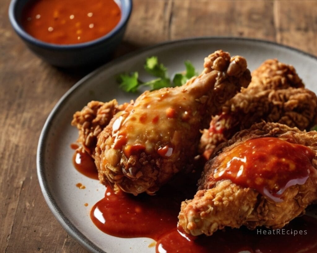 A close-up of crispy fried chicken drizzled with Nashville hot sauce, served on a plate with pickles on the side. The fried chicken has a crunchy texture, and the sauce adds a sticky, spicy finish