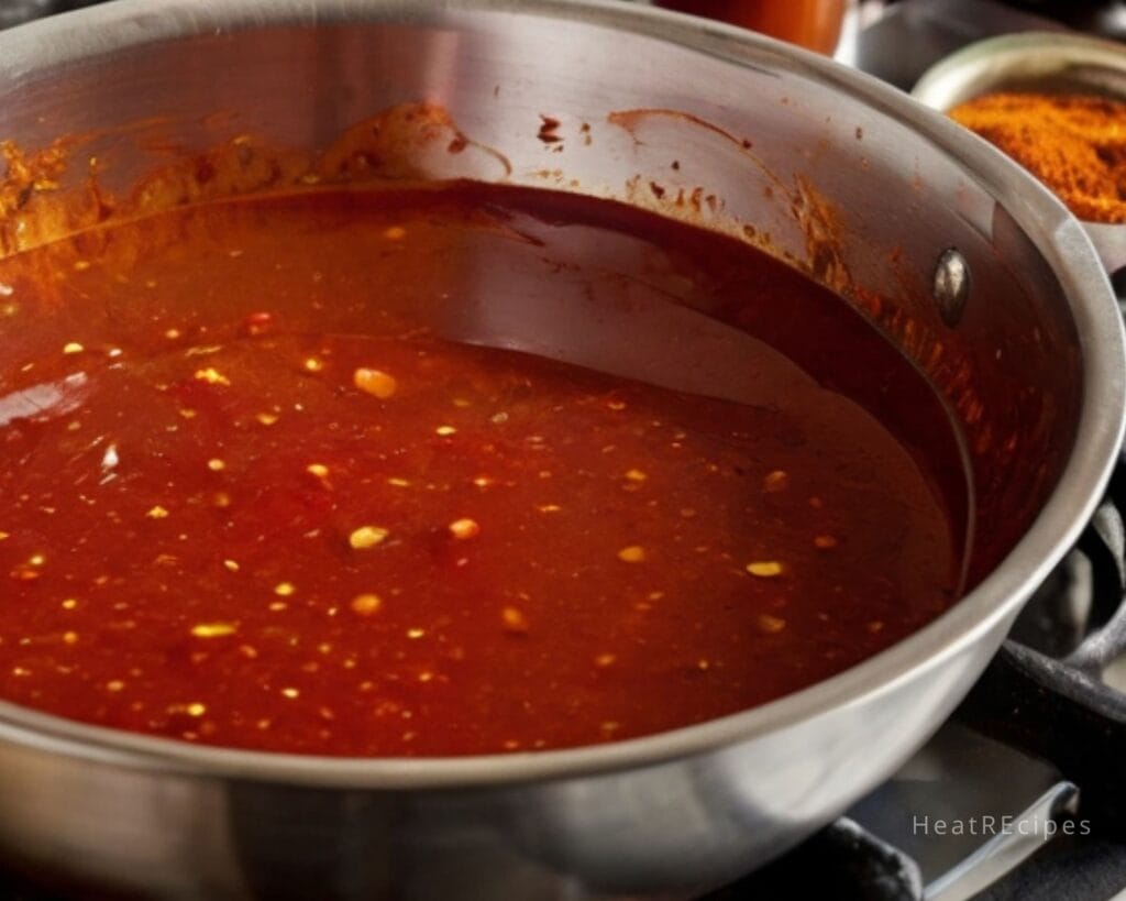 The sauce is rich red and is being prepared with a focus on intense heat and flavor.