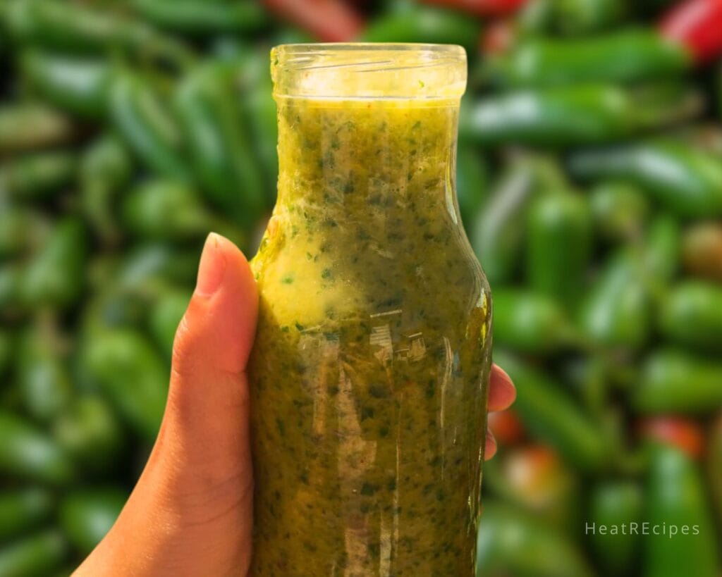 Glass jar filled with freshly made jalapeno hot sauce