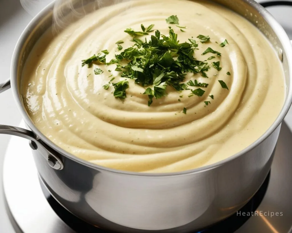 Cozy Cajun Alfredo Sauce Without Heavy Cream in 15 Minutes 4 A steel pot full of smooth Cajun Alfredo sauce Taking the most recent step to make