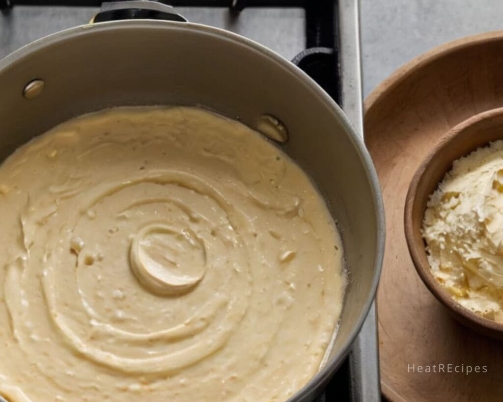 Overhead view of the beginning stages of preparing sour cream enchilada sauce in a large saucepan, with partially melted butter and flour ready to be whisked together to create a smooth roux.