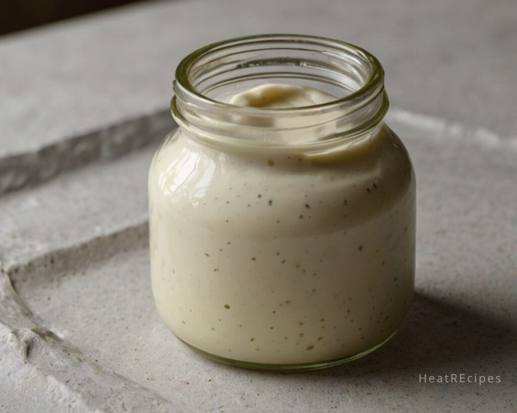 sour cream enchilada sauce stored in a clear glass jar