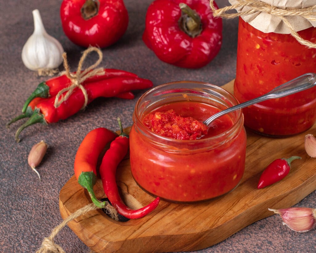 A jar of homemade fermented hot sauce with fresh red chilies and garlic, showcasing its tangy and vibrant red color, perfect for adding bold flavors to any dish