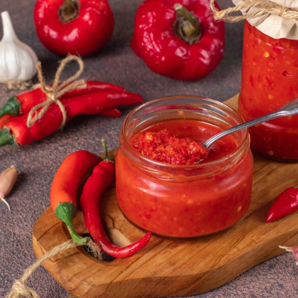 A jar of homemade fermented hot sauce with fresh red chilies and garlic, showcasing its tangy and vibrant red color, perfect for adding bold flavors to any dish