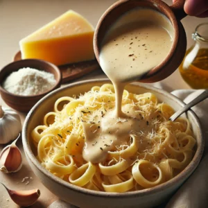 A thick, creamy garlic parmesan sauce is being poured over a bowl of steaming fettuccine pasta. The sauce has a smooth texture with visible flecks of garlic and grated parmesan. The scene is set in a cozy kitchen with a beige background, and there are small bowls of grated parmesan and fresh garlic cloves on the side, enhancing the inviting and warm atmosphere