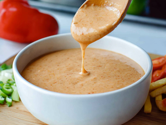 Homemade Baja sauce in a bowl, ready to serve with tacos, a Taco Bell copycat recipe