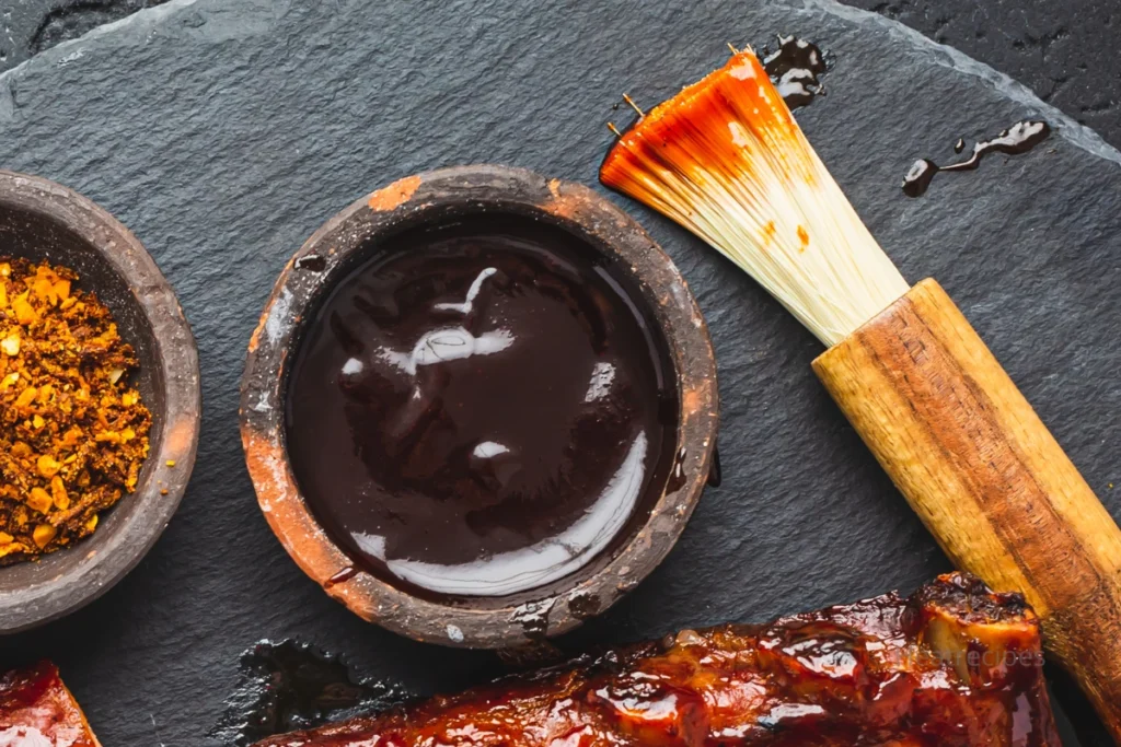 Bourbon sauce ingredients including bourbon, brown sugar, soy sauce, and garlic